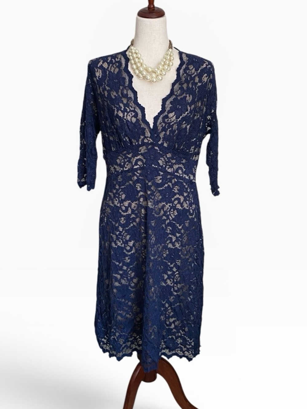 Kiyonna Navy and Tan Floral Lace Dress